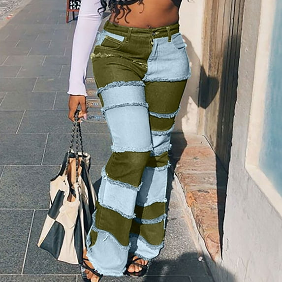 GaThRRgYP Womens Plus Size Pants,Women's Tight Fashion Color Blocking High Waist Tight Hip Flare Jeans