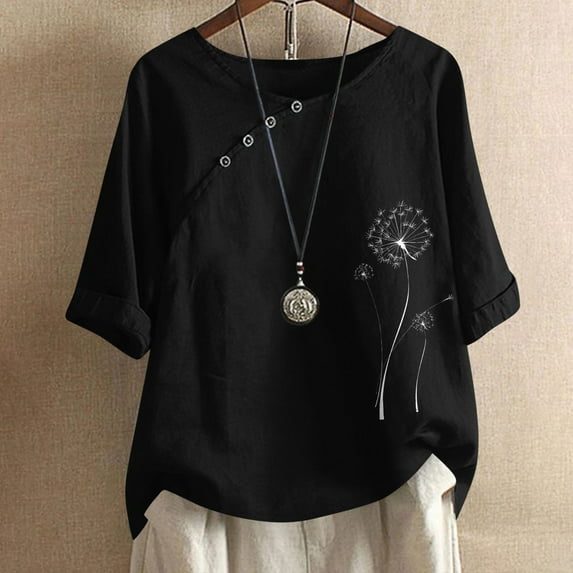 GaThRRgYP Womens Plus Size Tops,2026 Women's Casual Fashion Crew-neck Button-printed Short-sleeved Top Black M