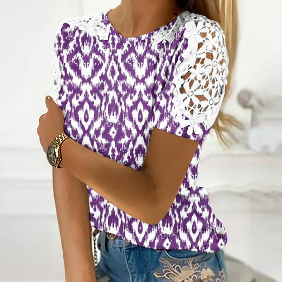 GaThRRgYP Womens Plus Size Topsunder $5,Women's Printed Short Sleeved Round Neck Casual Pullover with Lace Top Purple XL