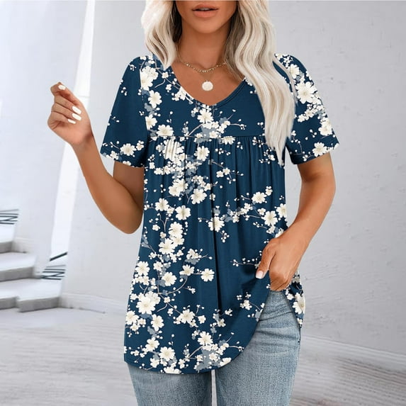 GaThRRgYP Womens Plus Size Tops Short Sleeve,Women's Casual Printing Blouses Short Sleeved V-Neck Summer Fashionable Pleated Top Blouse Blue S