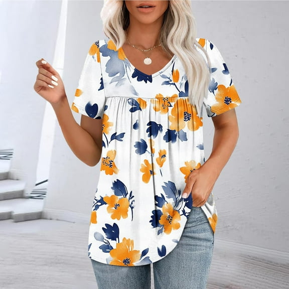 GaThRRgYP Womens Plus Size Tops,Women's Casual Printing Blouses Short Sleeved V-Neck Summer Fashionable Pleated Top Blouse Yellow XXL