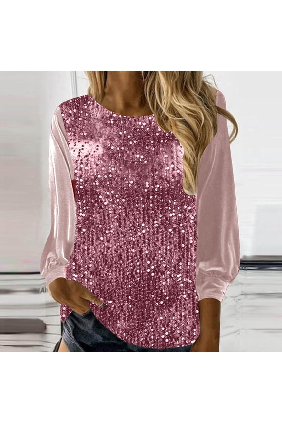 Summer Tops,Womens Summer Tops under $5,Fashion Woman Long Sleeve Solid Round-neck Sequin Blouse Tops Pink XL
