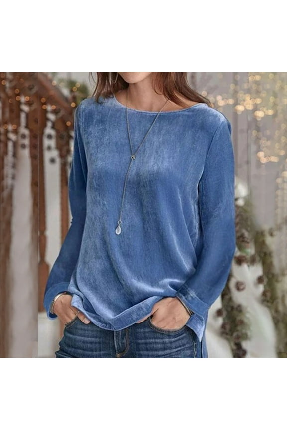 Workout Tops for Women,Womens Floral Tops for $5 Tops,Fashion Women Pullove Solid Long Sleeve Casual Shirt Blouse Tops Blue L