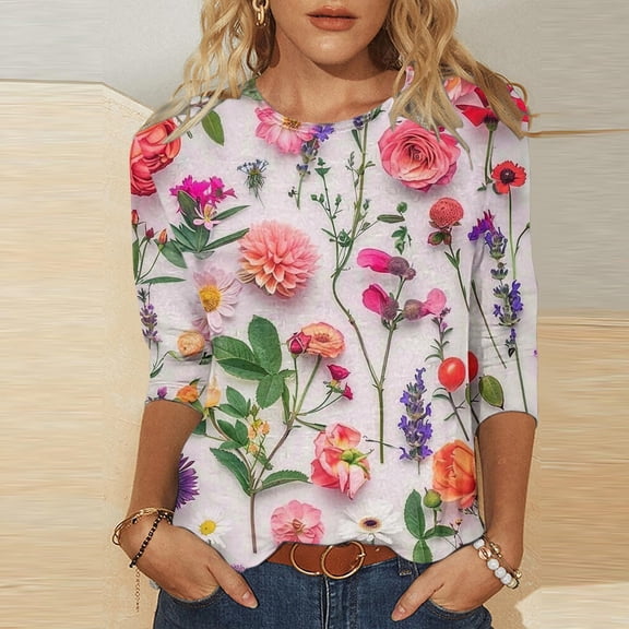 GaThRRgYP Womens Plush Hoodies,Blouses for Women 2025 Plus Size Tops,Women's 2025 Spring/Summer Top Round Neck Top Loose and Comfortable 3/4 Sleeve Round Neck Top/Shirt Multicolor M