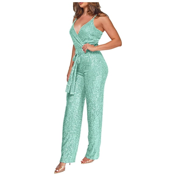 GaThRRgYP Womens Rompers Plus Size,Pants for Women Dressy Casual,Women's Solid Color High-Waisted Sleeveless Off-The-Shoulder Sequin Slim Long Sequin Romper Mint Green XXL