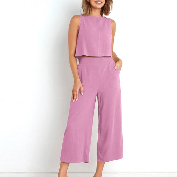 GaThRRgYP Bell Bottoms for Women,2PC Fashion Woman Round Neck Sleeveless Blouse +Loose Pockets Pants Sets