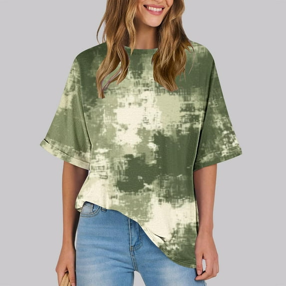 GaThRRgYP Womens Shirts under $5,Womens Summer Short Sleeve Tunic Tops,Women's Ladies Fashion Casual Cropped Short Sleeve Printing Loose Shirt Blouse Top Army Green S