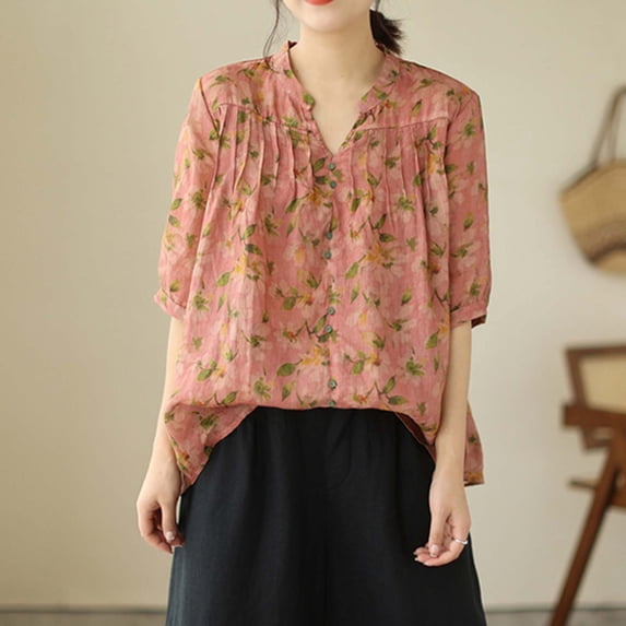 GaThRRgYP Womens Shirts Clearance under $5,Women's Loose Casual Floral Pleated Shirt Short Sleeved Top