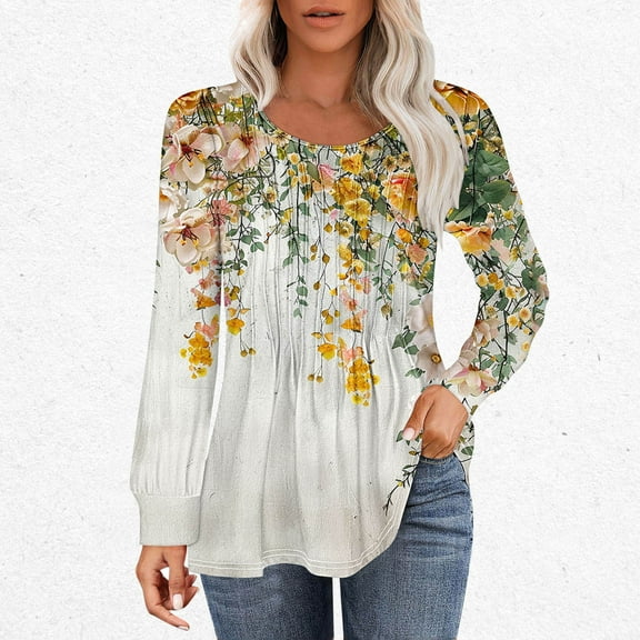 GaThRRgYP Womens Shirts Long Sleeve Button Down Shirts,Women's Casual Fashion Loose Pleated Round Neck Fashion Print Long Sleeved Top Print Long Sleeved Round Neck Top/shirt Multicolor L
