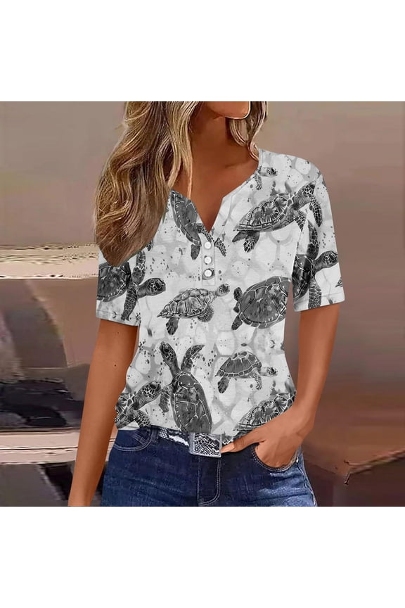 Womens Shirts Plus Size,Dressy Blouses for Women,Summer for Women Vacation Trendy V Neck Short Sleeve Shirts Casual Loose Spring Vintage Floral Print Comfy Tunic Clothes Black XXL