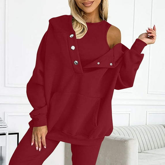 GaThRRgYP Summer Tops,Womens Plus Size Tops Tunic Short Sleeve Shirts,Womens Oversized Hoodies Sweatshirt-singlet Pullover Sweatshirts with Pockets Fall 2 Piece Suit Red XL