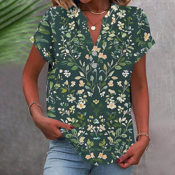 GaThRRgYP Womens Shirts Plus Size,Women Casual Printed Short Sleeve Button Home V-Neck T-shirt Blouses Green L