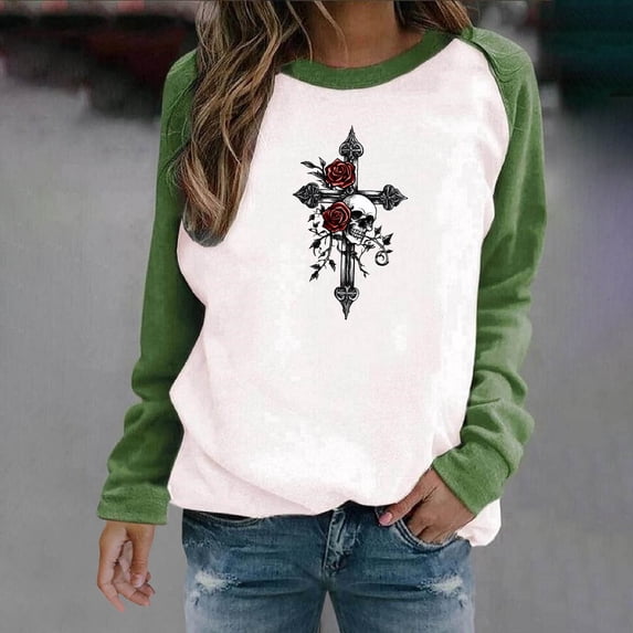 GaThRRgYP Womens Shirts Plus Size,Women's Halloween Printed Round Neck Long Sleeved Oversized Sweatshirt Green XXL