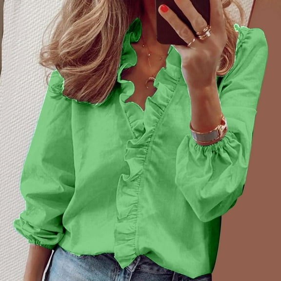 GaThRRgYP Summer Tops for Women,Womens tops V Neck Cotton,Women Casual Full Sleeve V-Neck Tops Loose Shirts Plus Size Women Clothing Green S