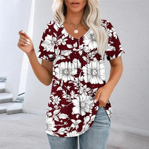 GaThRRgYP Womens Shirts under $5,Women's Casual Printing Blouses Short Sleeved V-Neck Summer Fashionable Pleated Top Blouse Red XXL