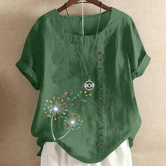 Rollbacks & More GaThRRgYP Plus Size Tops for Women,Blouse for Women Dressy Casual,Women's Short Sleeved Plus Size Round Neck Printed Loose Button Cotton Linen Top