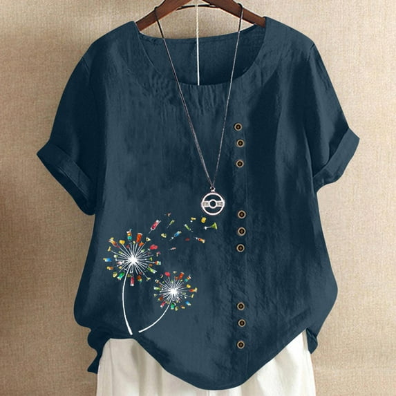 GaThRRgYP Summer Tops,Tops for Women 2025,Women's Short Sleeved Casual Plus Size Round Neck Printed Loose Button Cotton Linen Top