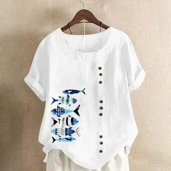 GaThRRgYP Womens Summer Clearance Clothes $5.00,Womens Tops Summer 2024 summer saving,Women Casual Cotton and Linen Top Ocean Fish Printed Short Sleeve Button Tunic T-shirt Blouse Tops White XL