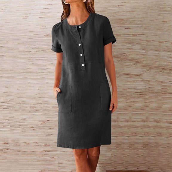GaThRRgYP Womens Summer Dresses under $10,Women Fashion Round-Neck Pockets Button Dress Solid Short Sleeve Dress Black S