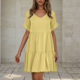 thumbnail image 1 of GaThRRgYP Womens Summer Dresses under $10,Women's Casual Solid Color V-Neck Pullover Short Sleeve Top Short Skirt Dress Yellow XXL, 1 of 8