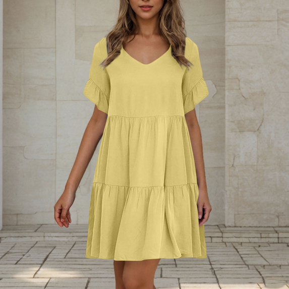 GaThRRgYP Womens Summer Dresses under $10,Women's Casual Solid Color V-Neck Pullover Short Sleeve Top Short Skirt Dress Yellow XXL
