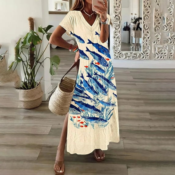 GaThRRgYP Womens Summer Dresses with Sleeves,Womens Spring and Summer V-Neck Solid Casual Short Sleeved Long Dress Beige S