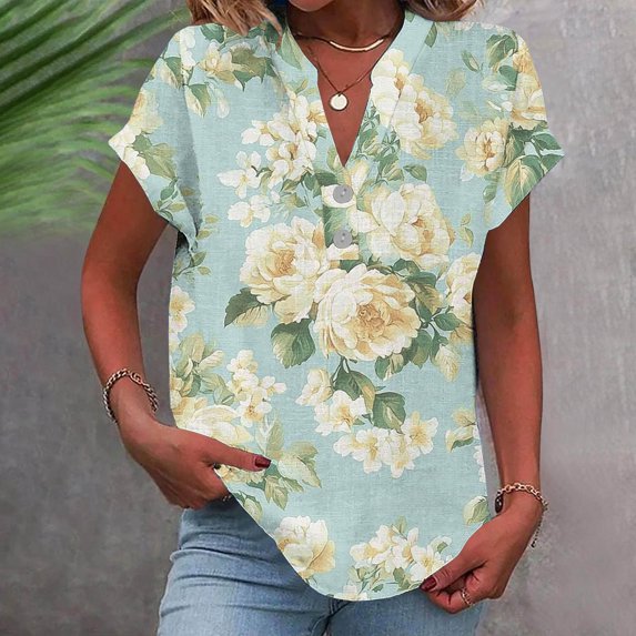 GaThRRgYP Womens Summer Short Sleeve Tunic Tops,Women Casual Printed Short Sleeve Button Home V-Neck T-shirt Blouses Green XXL