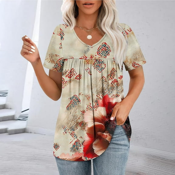 GaThRRgYP Womens Summer Tops Loose Fit,Women's Casual Printing Blouses Short Sleeved V-Neck Summer Fashionable Pleated Top Blouse Red XXL