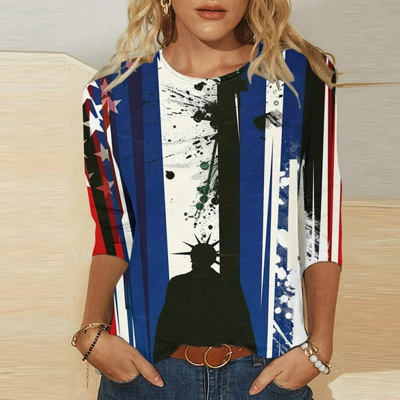 GaThRRgYP Womens Summer Tops Loose Fit,Women's Fashion Tees Casual Crewneck 3/4 Sleeve Loose T Shirt Ladies Blouses Shirts Blue XL