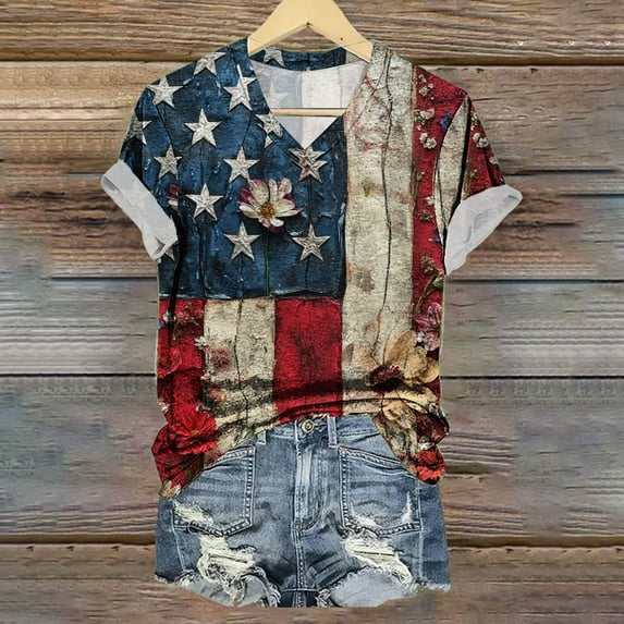 GaThRRgYP Womens Summer Tops with Sleeves,Fashion Women Casual Short Sleeve Printing V-Neck Loose T-Shirt Blouse Blue M