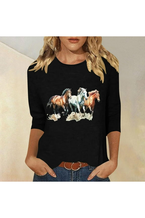 Womens Sweatshirts Plus Size,Hoodies for Women Plus Size on,Women's New 3/4 Sleeve Western Style Printed Casual Top T-shirt Black S