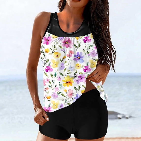 GaThRRgYP Womens Swimsuits Tankini,Women's Conservative High-waisted Fashionable Printed Two-piece Swimsuit Multicolor M