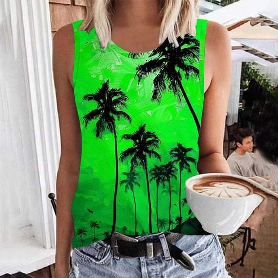 GaThRRgYP Womens Tank Tops Casual Sleeveless Tops,Summer Tops for Womenunder $10,Women Floral Printing Tank Round-Neck Sleeveless Block Tunic Tee Green XXL