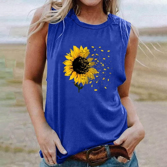 GaThRRgYP Womens Tank Tops Crewneck,Summer Tank Tops for Women Plus Size,Women's Floral Fashion Printed Round NeckRound-Neck Tank Blue S