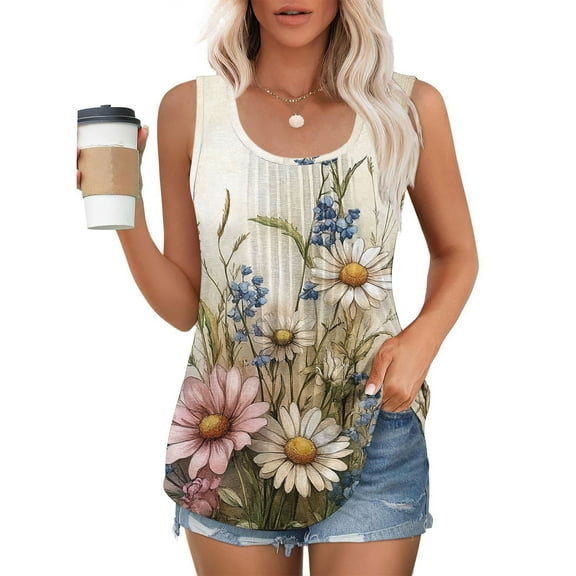 GaThRRgYP Womens Tank Tops Crewneck,Summer Tank Tops for Women Plus Size,Women's New Loose Casual Crew-neck Pleated Print Fashion Top White S