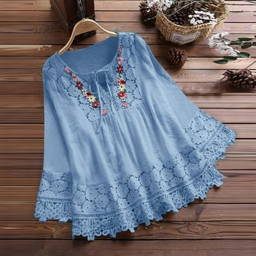 GaThRRgYP Going Out Tops for Women,Summer Shirts for Women Short Sleeve,Women's Long-Sleeved Lace-up Loose Tops Blue XXL