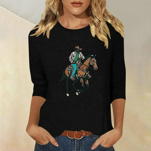 GaThRRgYP Womens Tops under $5 Plus Size,Winter Clothes for Women Long Sleeve Fashion,Women's New 3/4 Sleeve Western Style Printed Casual Top T-shirt Black XXL