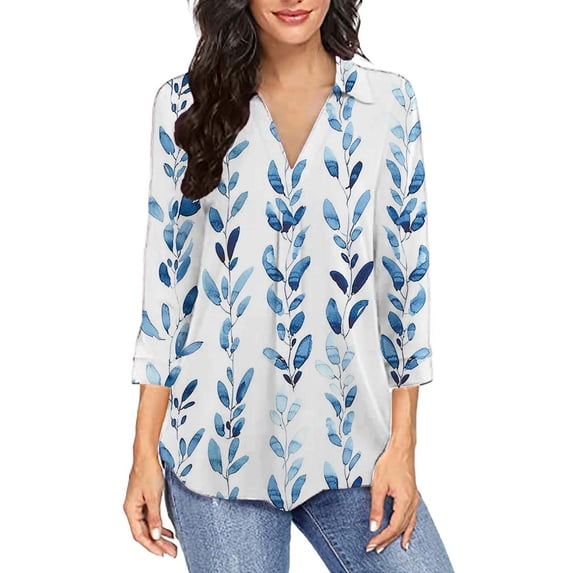 GaThRRgYP Womens Tops Clearance under $5,Womens Fall Fashion 2024 Womens Tops Clearance under $5 Plus Size,Fashion Woman V Neck Three Quarter 3/4Sleeve T Shirt Printing Blouse Tops Sweatshirt Blue S