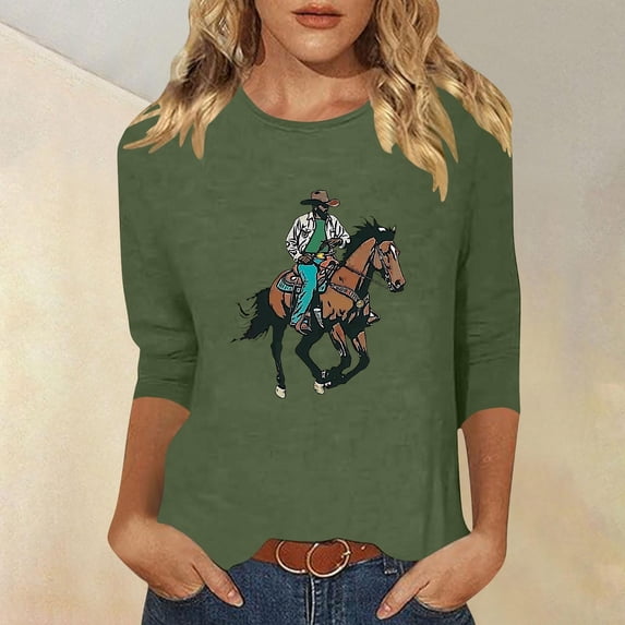 Black*Friday Discounted Items under $5 GaThRRgYP Womens Tops,Fall Tops for Womens 2025 Trendy,Women's New 3/4 Sleeve Western Style Printed Casual Top T-shirt Green XL