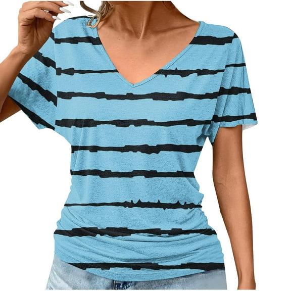 GaThRRgYP Womens Tops,Fashion Women's Casual Short Sleeve Printing V-Neck Blouse Floral Ruched T-Shirt Casual Feminine Blue XL