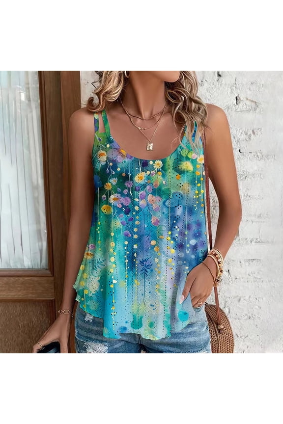 Womens Tops,Summer Tops for Women Sleeveless,2025 Women's Spring and Summer New Tank Neck Print Casual Fashion Top Sky Blue S
