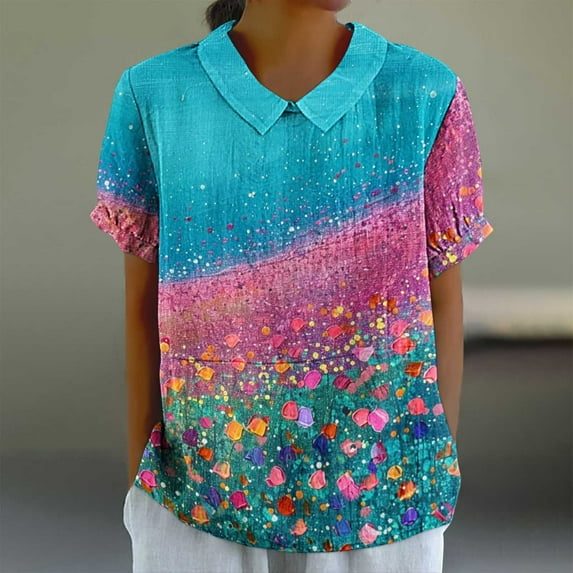 GaThRRgYP Womens Tops,Women's Ladies Fashion Casual Cropped Short Sleeve Printing Loose Shirt Blouse Top Sky Blue S