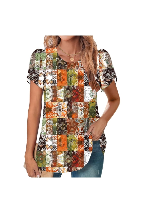 Black*Friday Discounted Items under $5 GaThRRgYP Womens Tops,Women's New Short Sleeve Round Neck Cover Casual Pleated Tunic Top Curved Hem Printed Fashion Top Multicolor XL