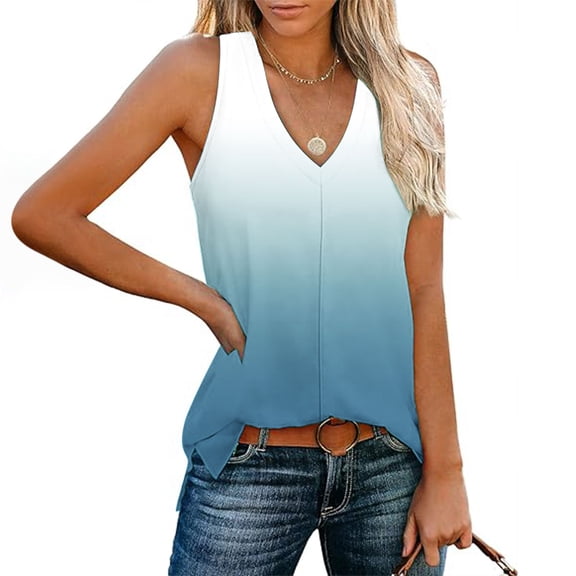 GaThRRgYP Womens Tops,Women's Sleeveless Elastic Waist TopLadies' Loose and Casual New Gradient V-neck Sleeve with Side Slit Casual Fashion Top Blue S