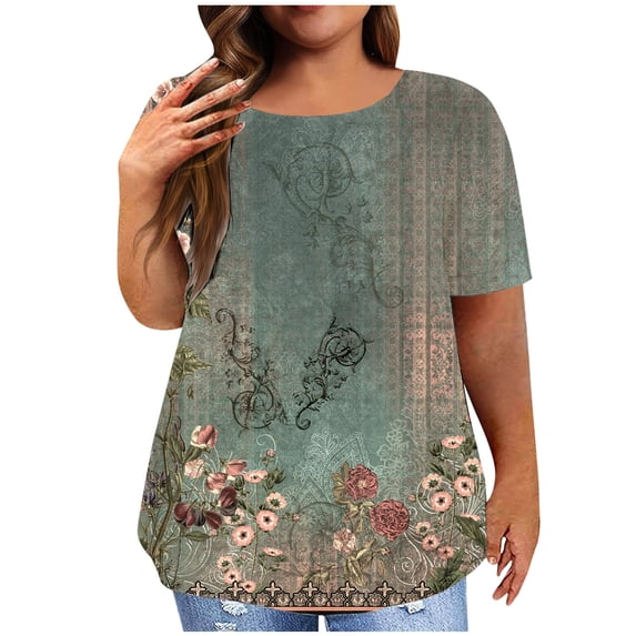 GaThRRgYP Womens Tops Clearance under $5,Plus Size Tops for Women Sexy Crewneck Blouse Lace Casual Loose Summer Short Sleeve Blouse Gray#3 XXL