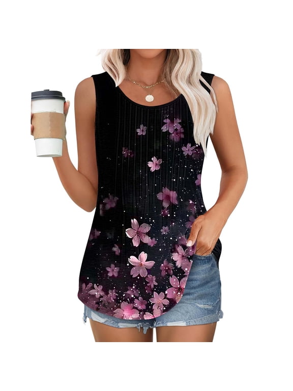 Womens Tops under $5,Summer Tank Tops for Women 2025,Women's New Loose Casual Crew-neck Pleated Print Fashion Top Black L