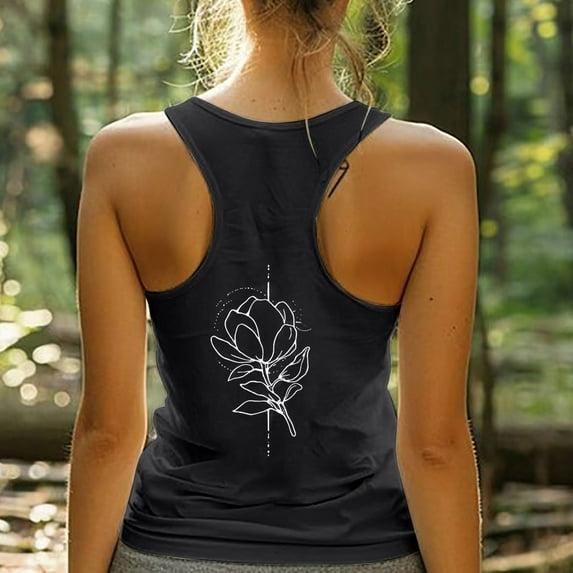 GaThRRgYP Womens Tops Clearance under $5,Women Tops Summer T-Shirts,Summer Women Printing Round Neck Sleeveless Casual Tee H-shaped Back Tank Black L