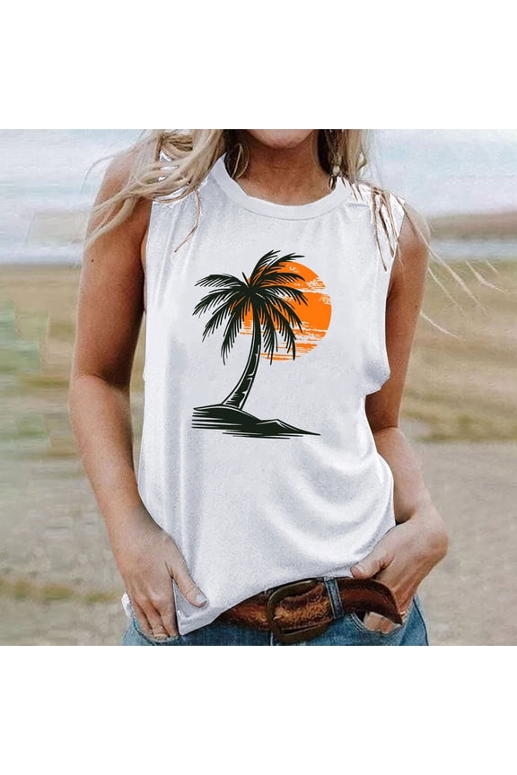 Womens Tops under $5,Women Tops Summer T-Shirts,Women's Fashion Casual Printed Sleeveless Blouse Round Neck Slim Pullover White M
