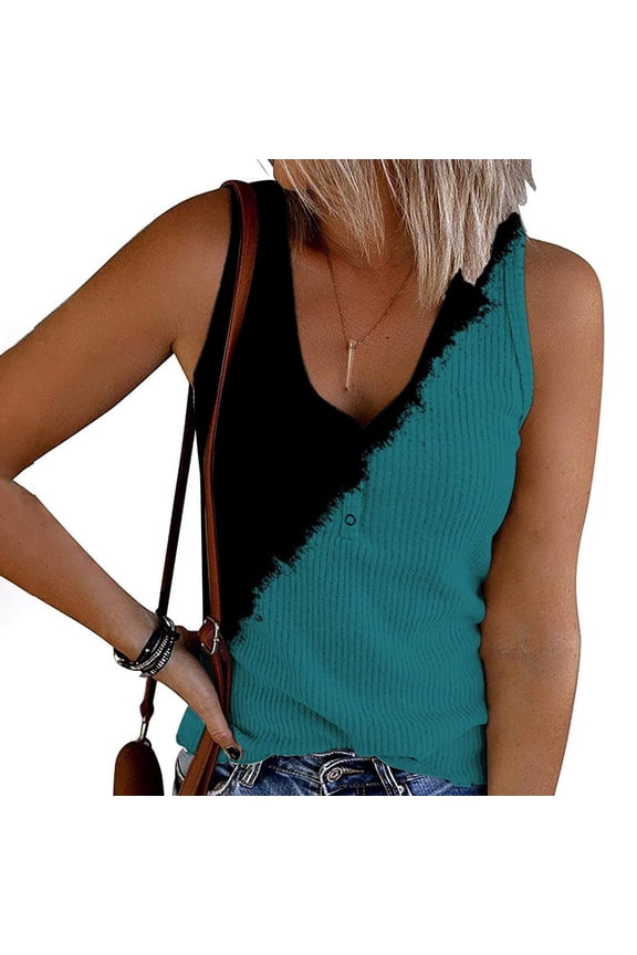 Summer Tops for Women,Plus Size Tank Tops,Women's Summer Fashion V-neck T-Shirt Sleeveless Printing Tank Vest Tops Blue#1 M