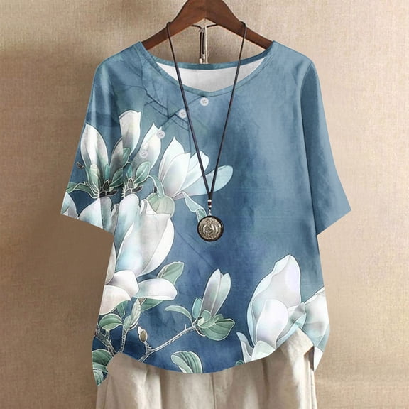 GaThRRgYP Womens Tops Dressy Casual,Plus Size Topsunder 10,Women's Casual Round Neck Button Printed Short Sleeve Blouse Blue XXXXL